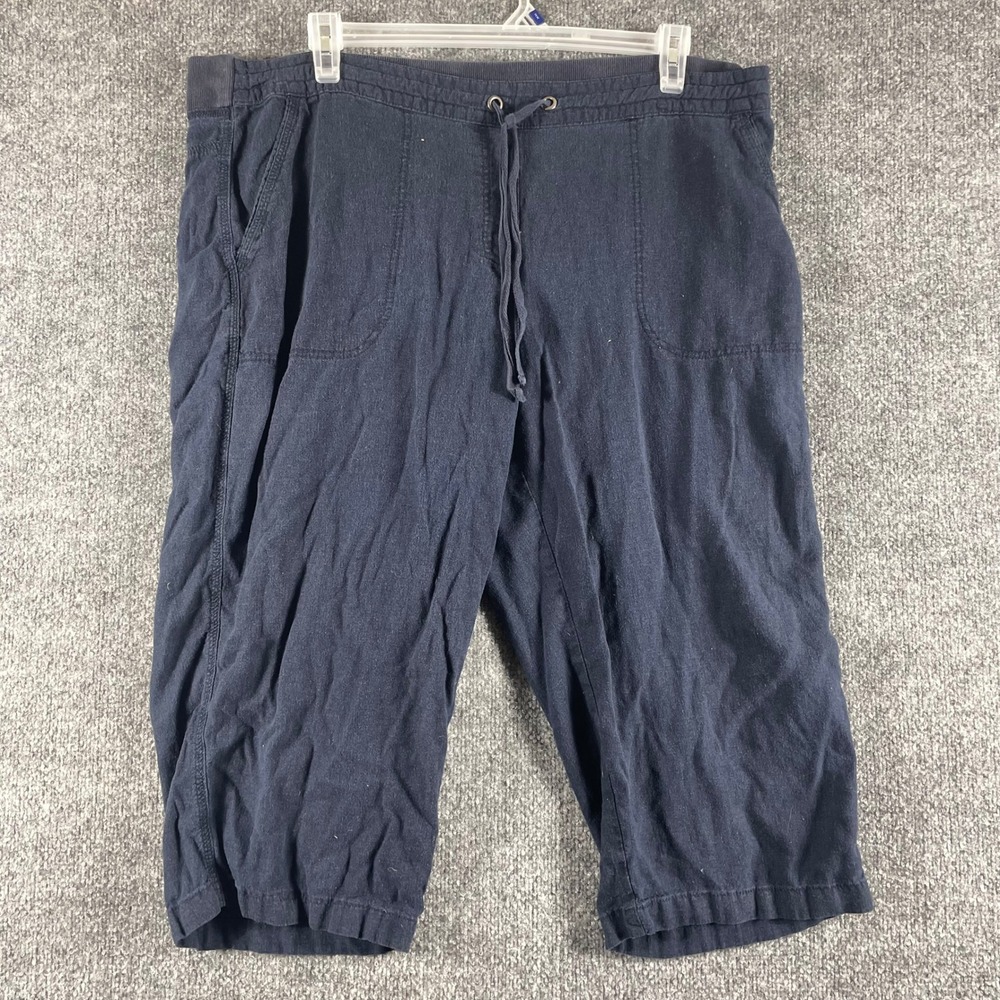 Per Se Pants Womens 2X Navy Blue Linen Blend Cropped Relaxed Drawstring Comfort